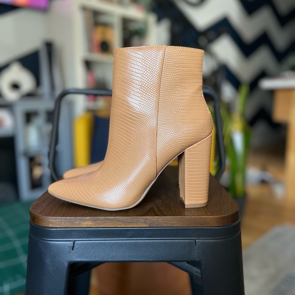 NWOT Tan Snake Heeled Ankle Boot